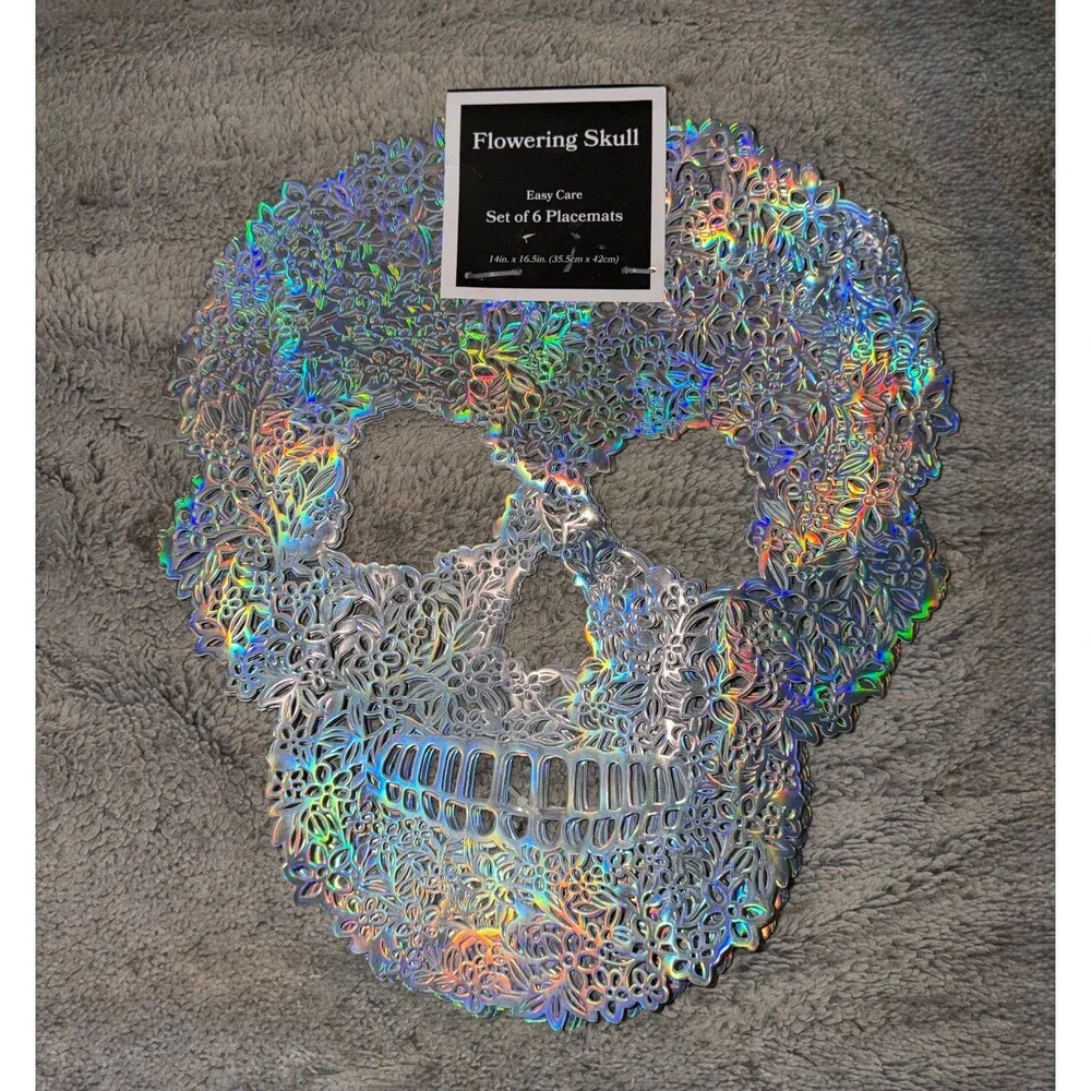 Set of 6 Flowering Skull iridescent vinyl placemats